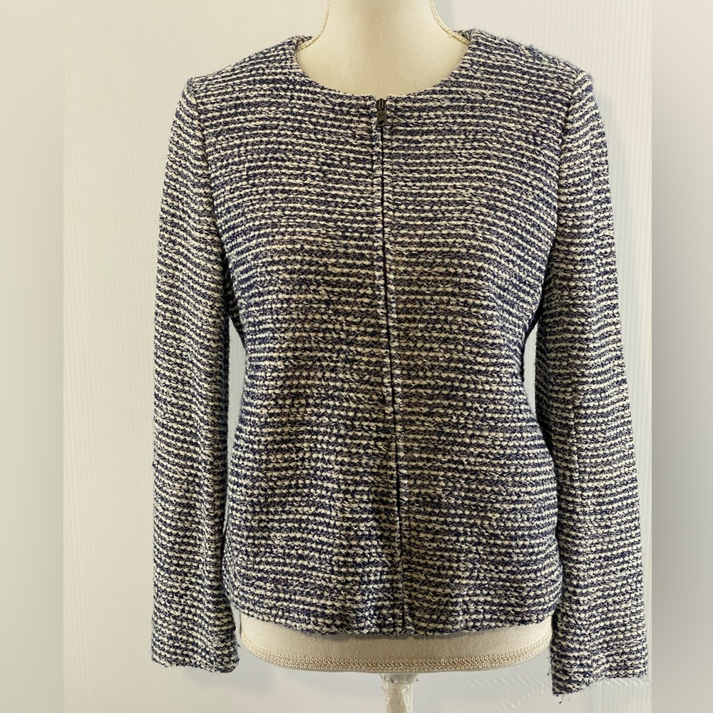 Gap Women Textured Knit Collarless Zip Front Jacket Blue White Size 10